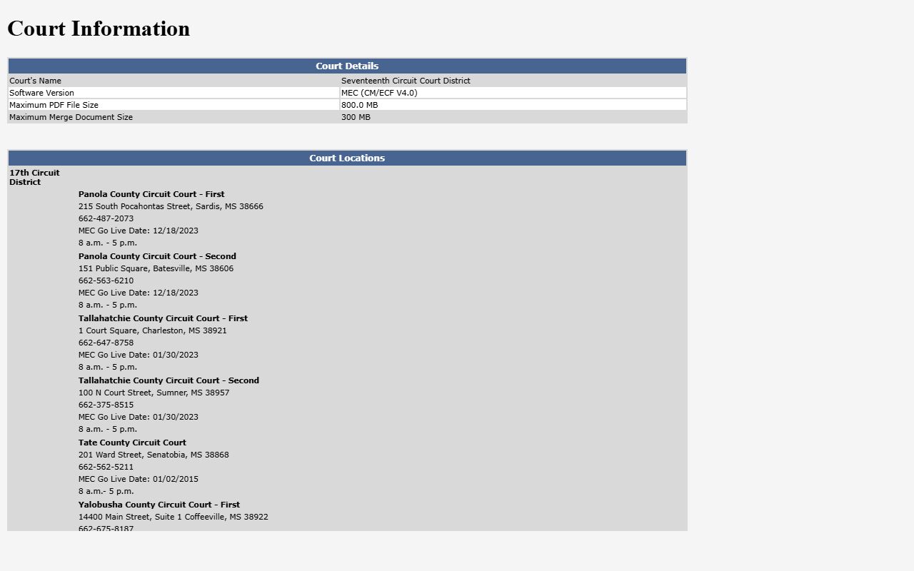 Panola County court dockets in the Seventeenth Circuit MEC court information page