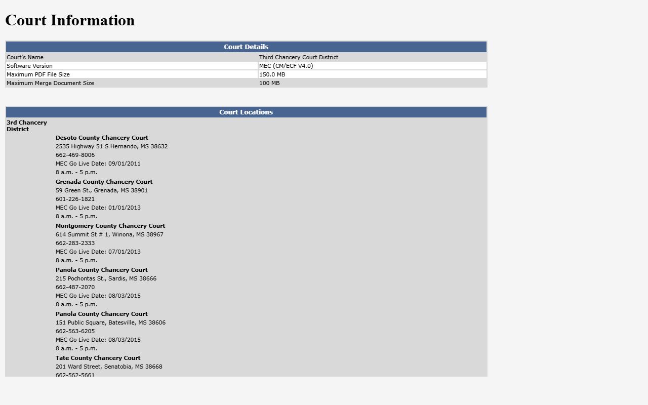 Panola County court dockets reference on the Third Chancery MEC court information page