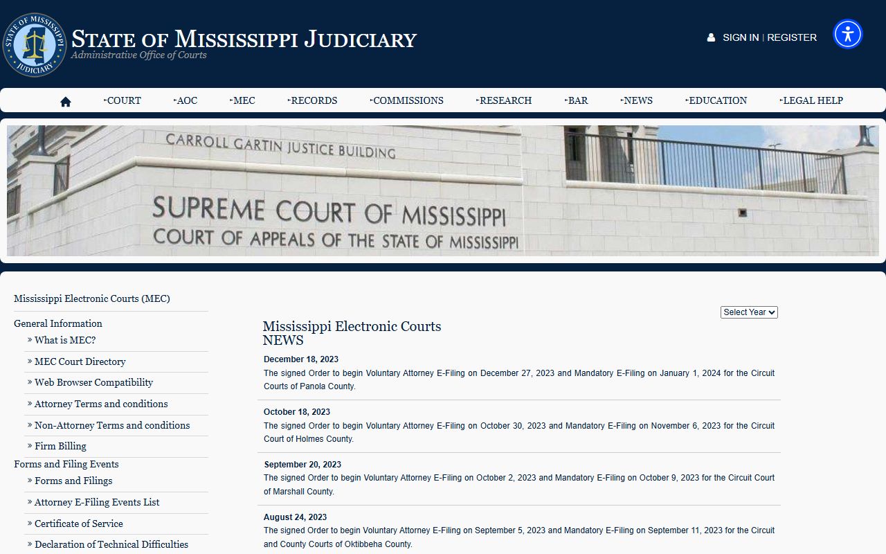 Panola County court dockets e-filing milestones on the Mississippi Judiciary MEC news page