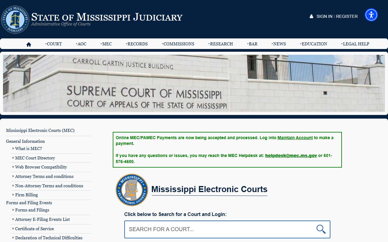 Panola County court records portal on the Mississippi Electronic Courts site