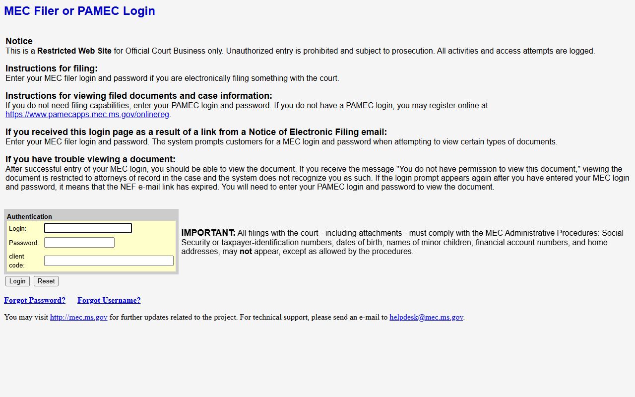 Seventeenth Circuit MEC login for Panola County court records
