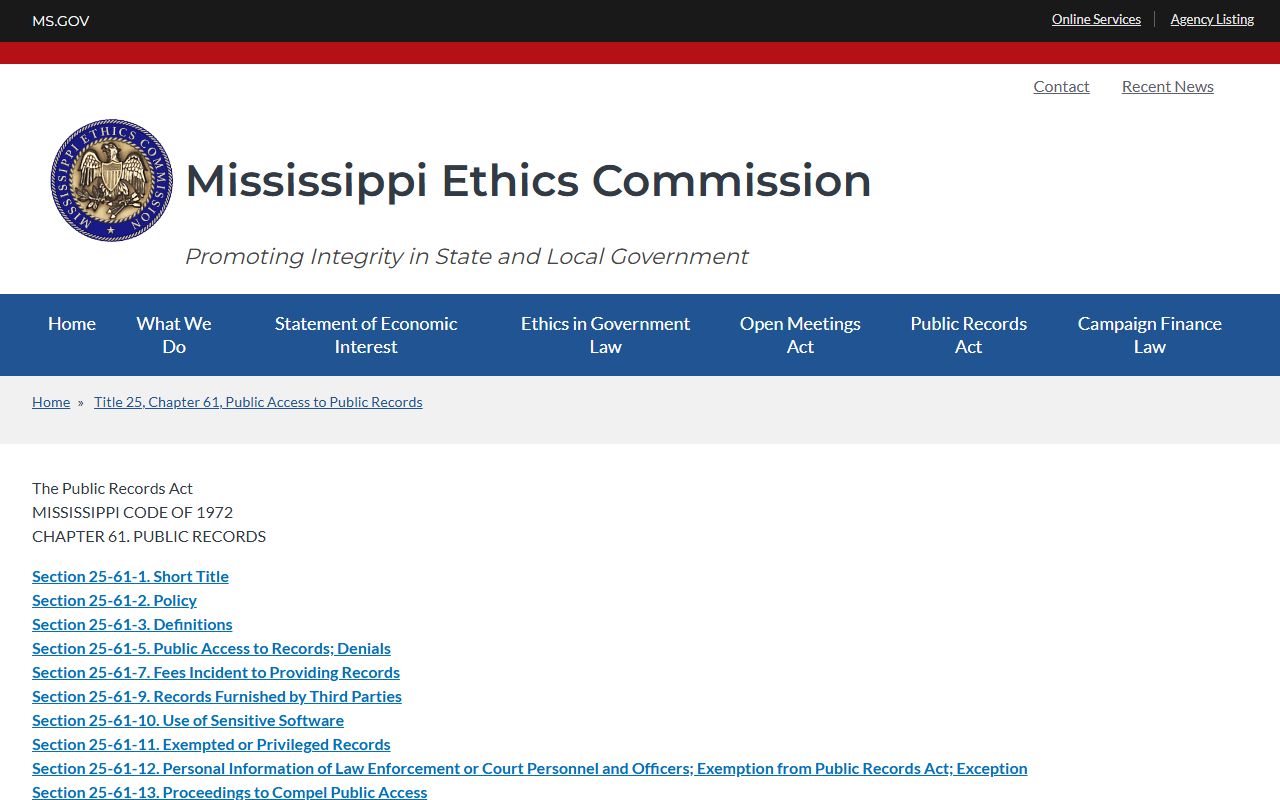 Mississippi Ethics Commission public records act page for Panola County court records