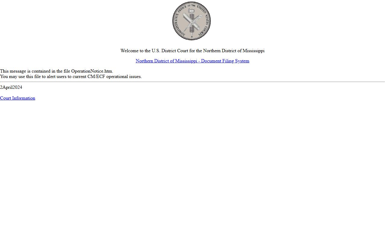 Panola County federal court records CM/ECF login for the Northern District of Mississippi