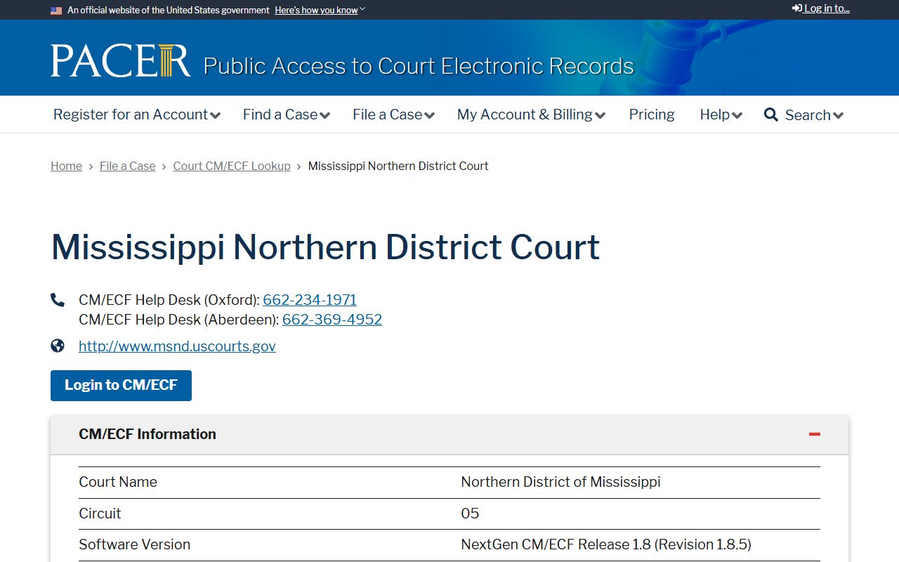 Panola County federal court records PACER lookup page for the Mississippi Northern District