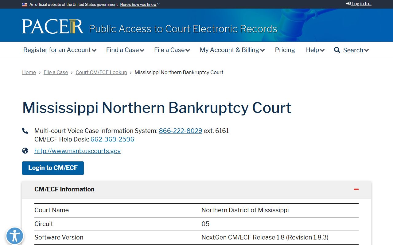Panola County federal court records PACER lookup page for the Mississippi Northern bankruptcy court