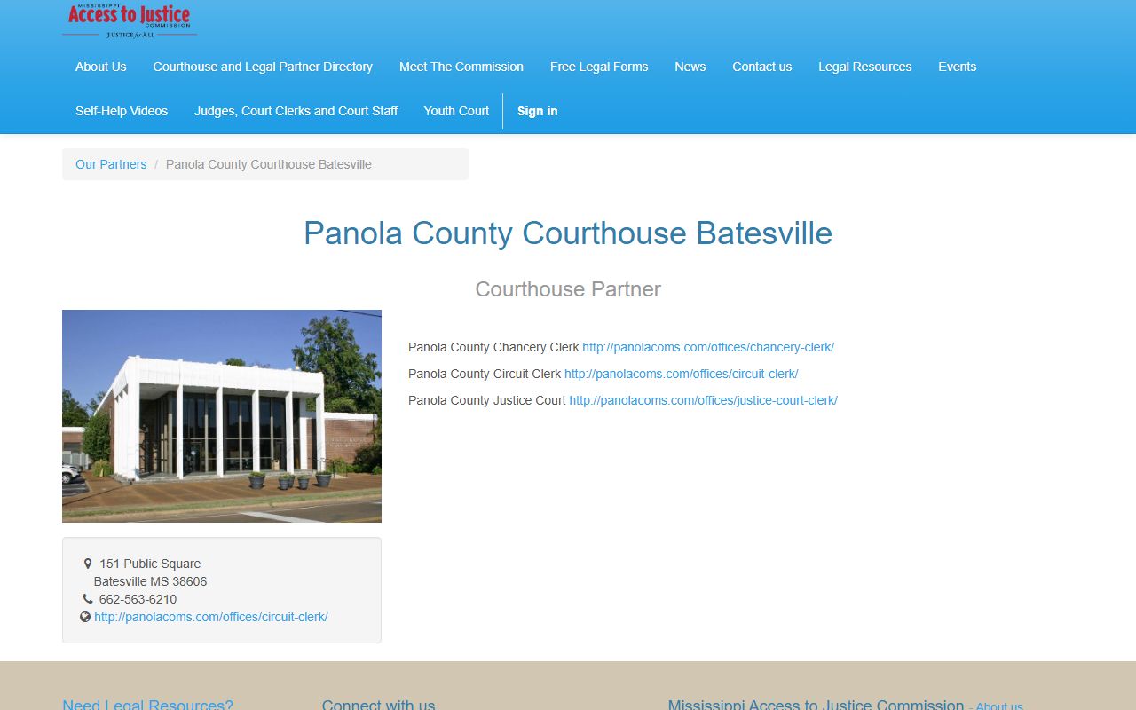 Mississippi Access to Justice listing for the Panola County courthouse and court records