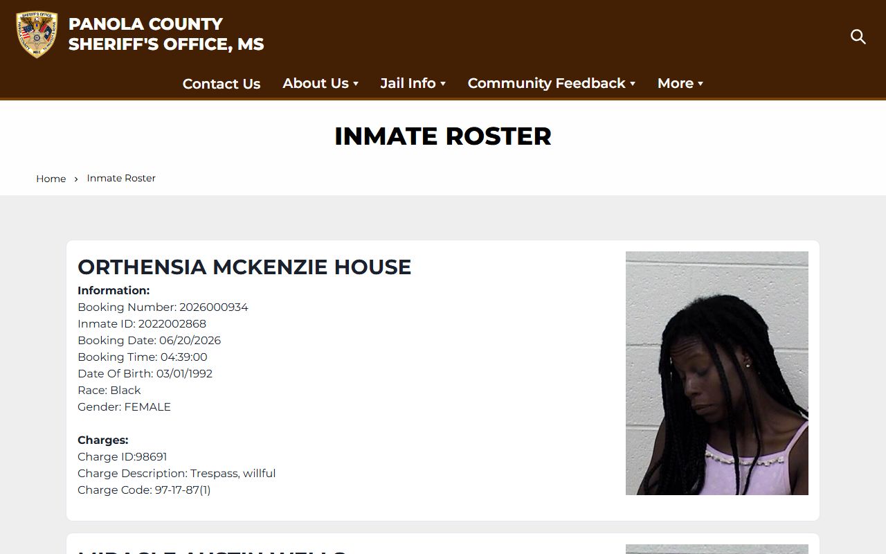 Panola County Sheriff inmate roster lookup page