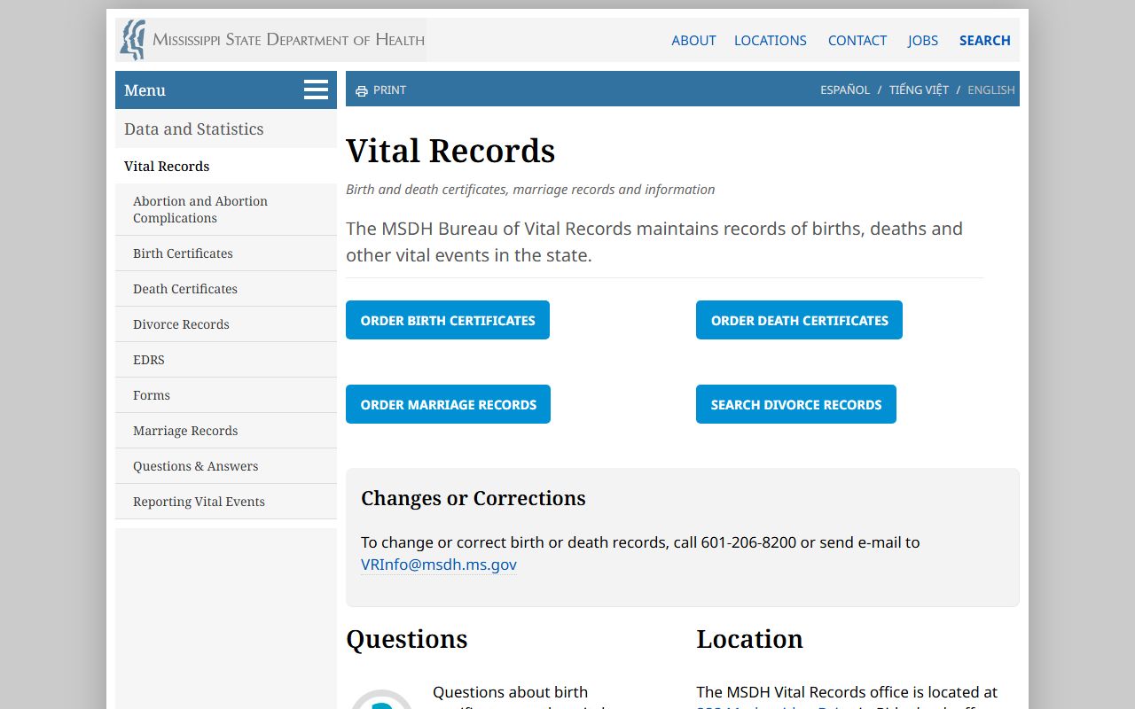 Panola County marriage and divorce records overview at the Mississippi State Department of Health Vital Records
