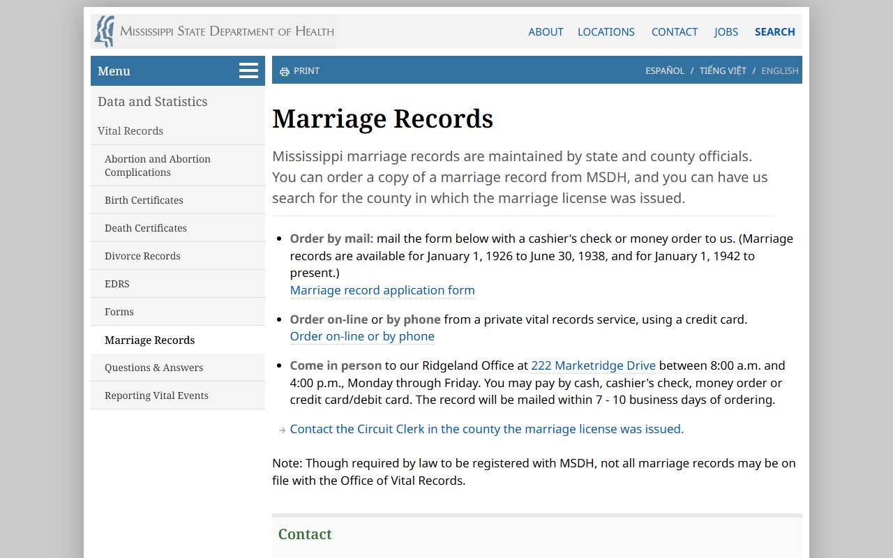 Panola County marriage records ordering through the Mississippi State Department of Health marriage page