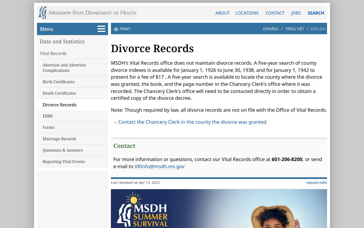 Panola County divorce records index search on the Mississippi State Department of Health divorce page