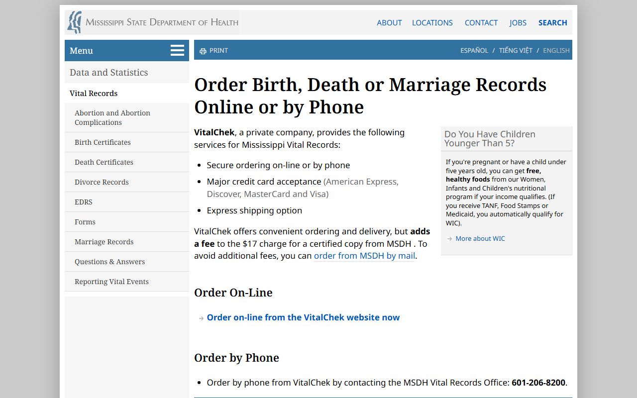 Panola County marriage and divorce records ordering and fees through the Mississippi State Department of Health VitalChek page