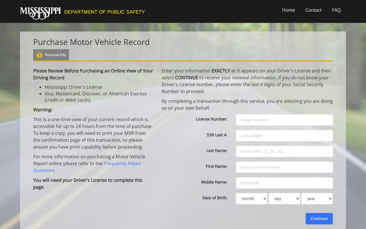 Panola County traffic court records and Mississippi DPS Motor Vehicle Record purchase page