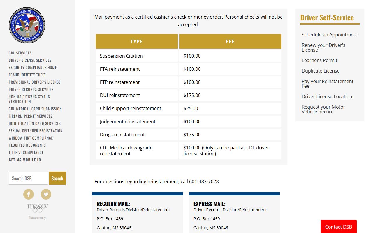 Panola County traffic court records and Mississippi DPS license reinstatement fee page