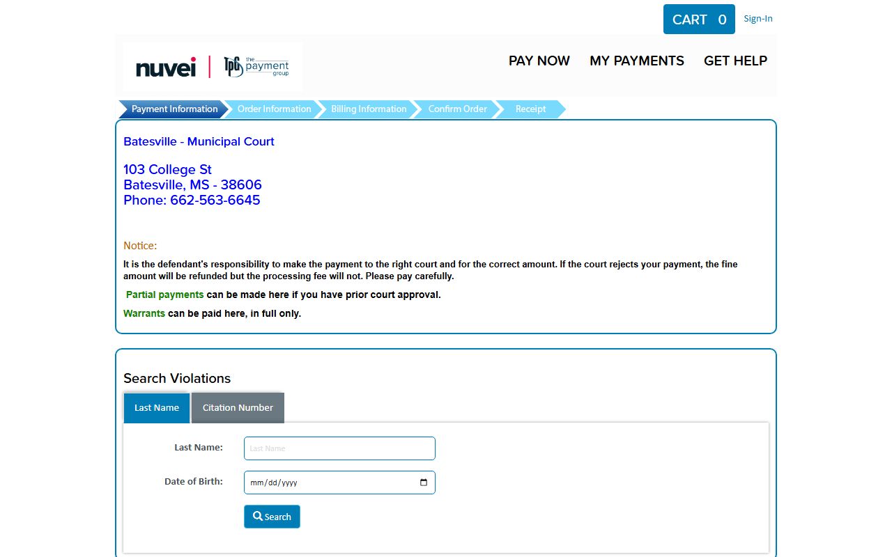 Panola County Batesville Municipal Court warrant payment on the TrafficPayment portal